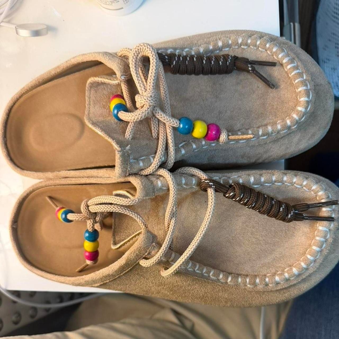 Tan Suede Moccasin Mule Clogs with Colorful Beaded Laces