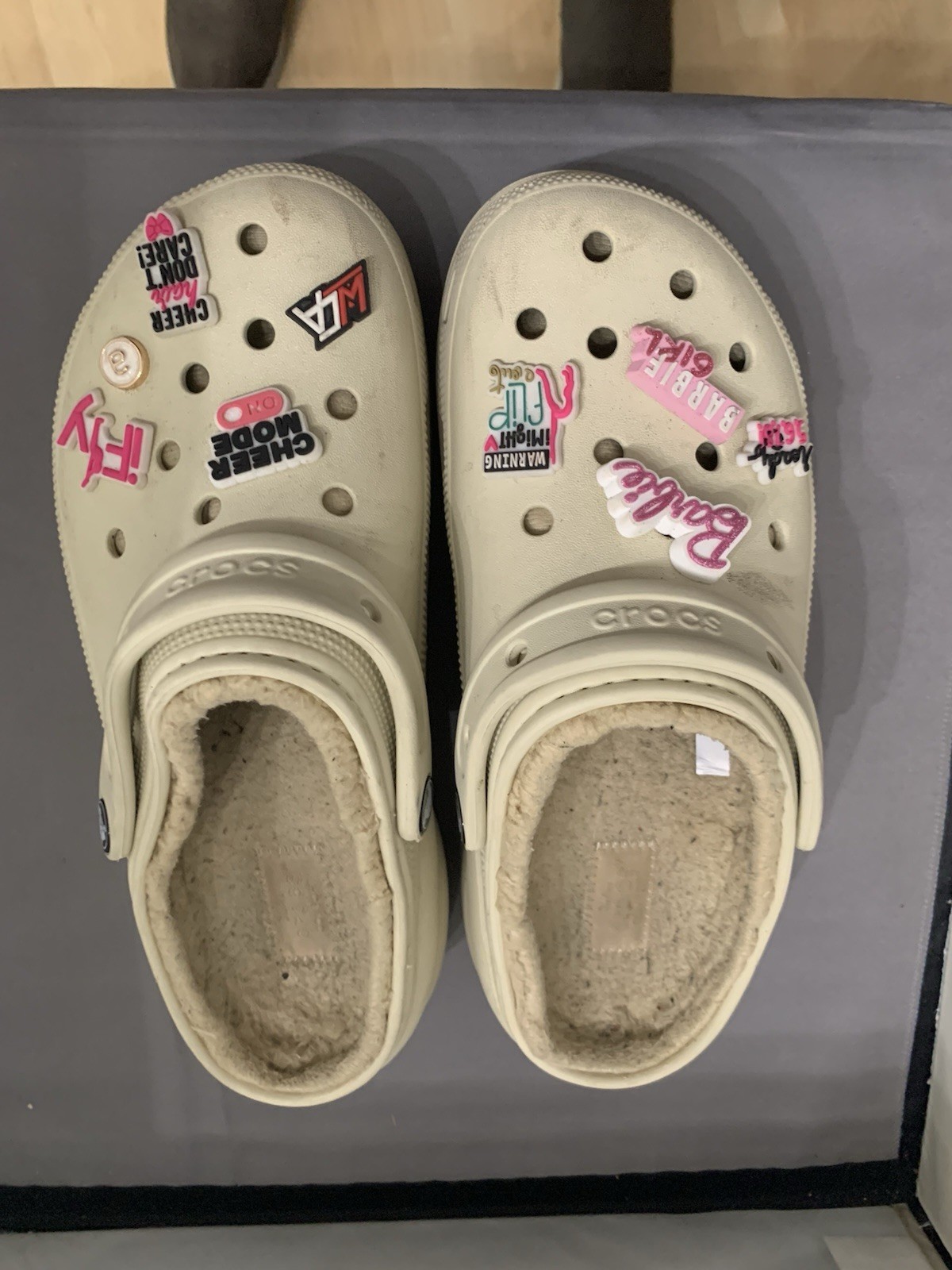 Crocs Classic Faux Fur Lined Clog White W9 / M 7, with Cheer and Barbie Pins