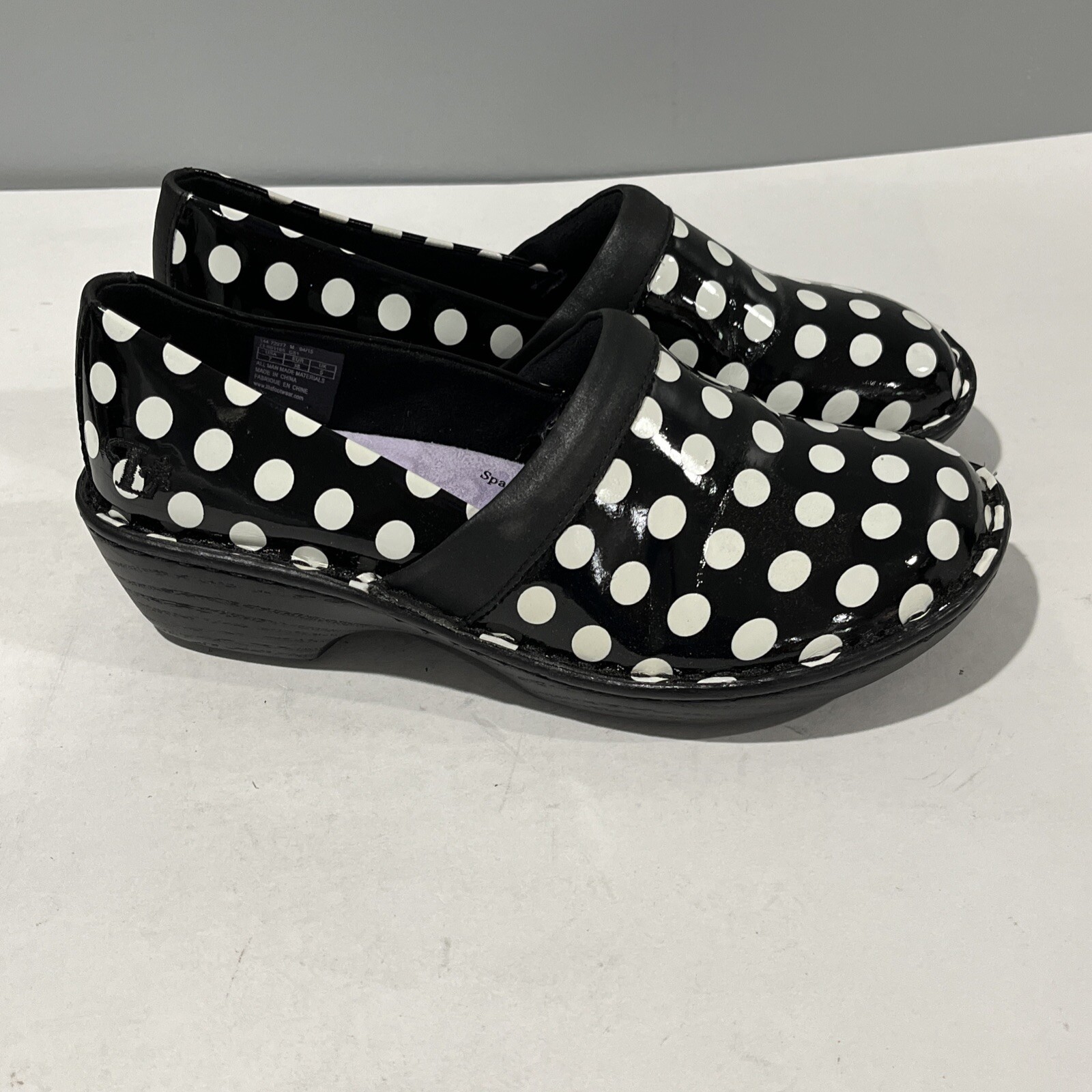 Lila SURE GRIP Black Polka Dot CLOGS SHOES Slip Resistant Nurse Womens 7