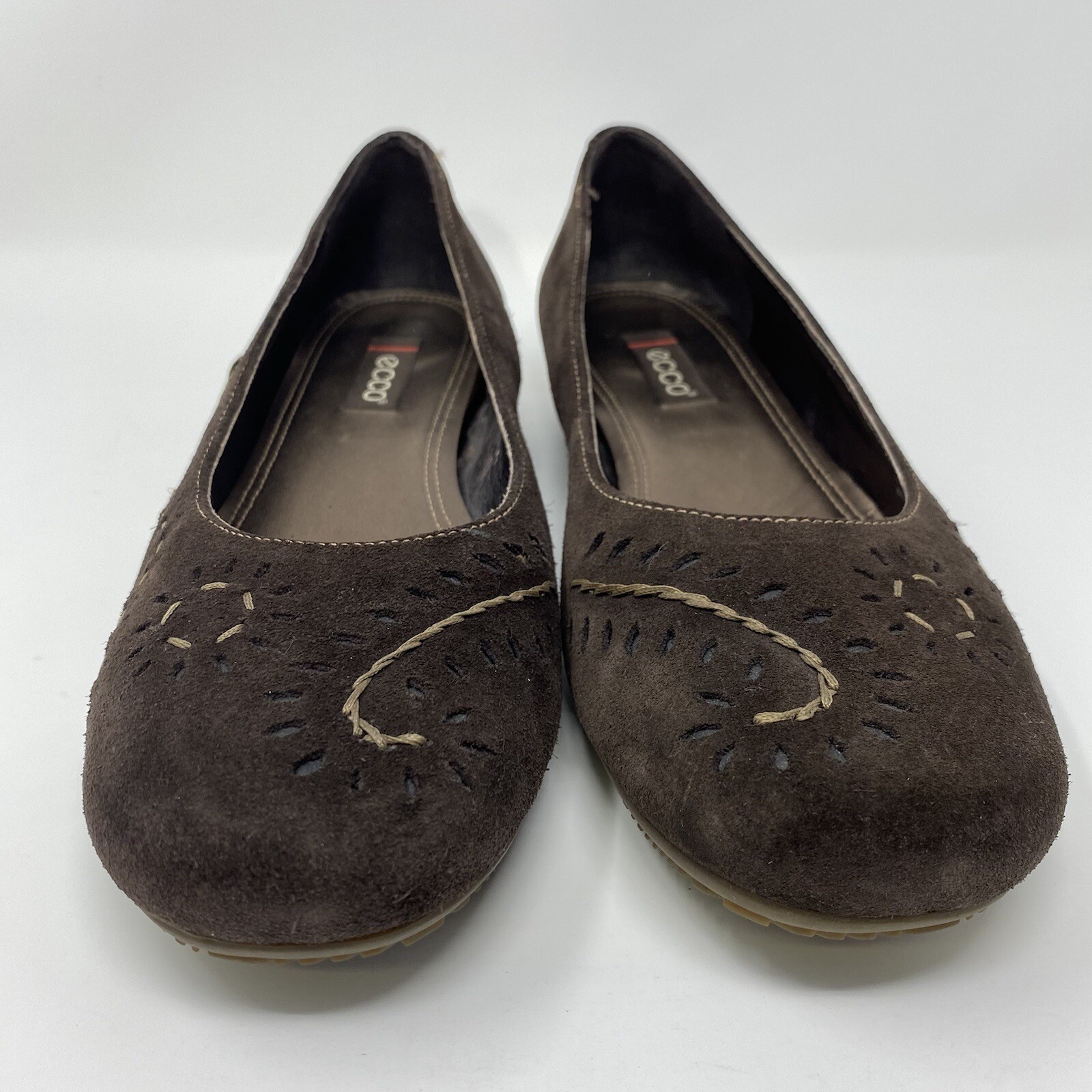 ECCO Brown Suede Stitched Embroidered Comfort Ballet Flats EUR 42