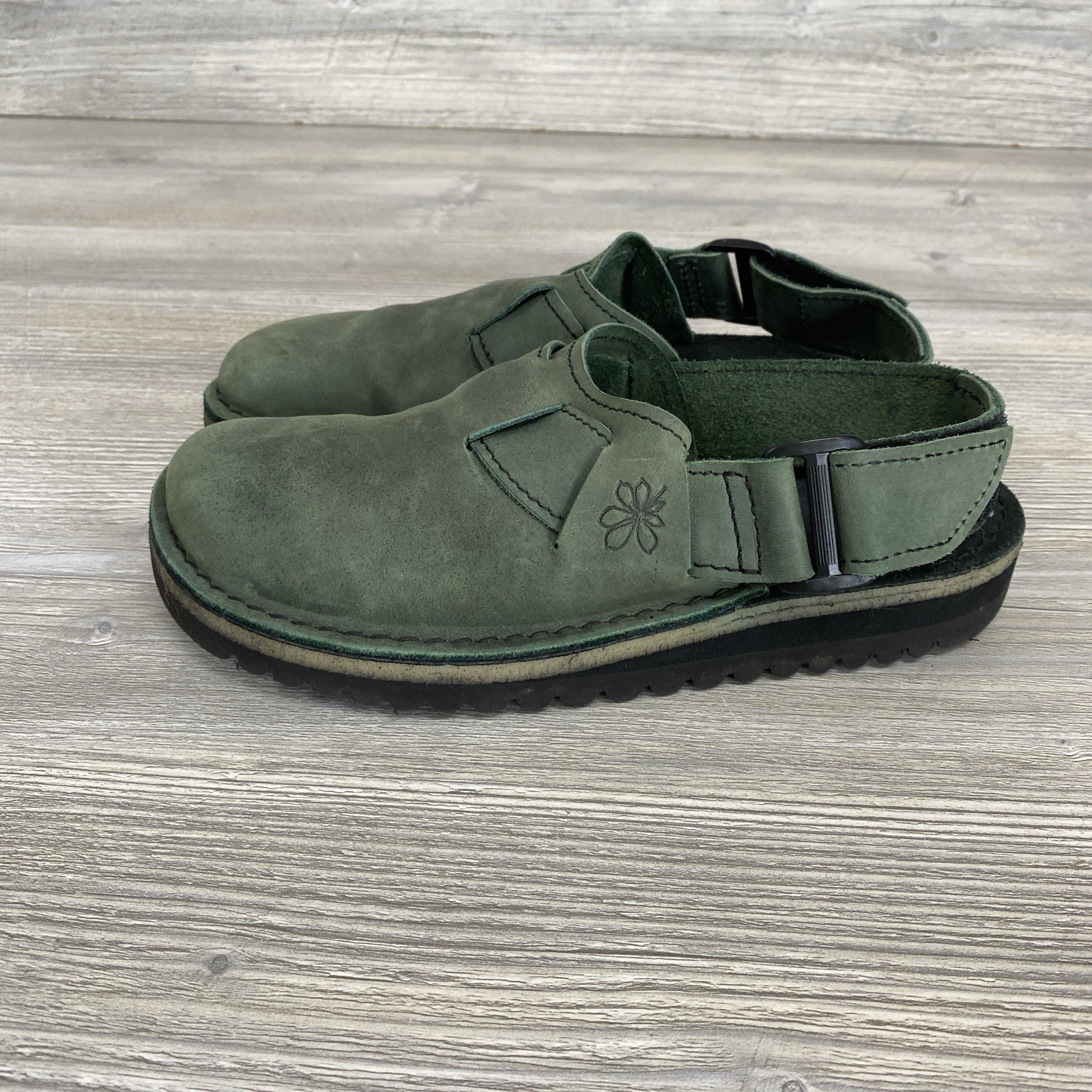 Conker Elastic Mule Women US 7 Moss Green Leather Slide Shoe Handmade Vibram