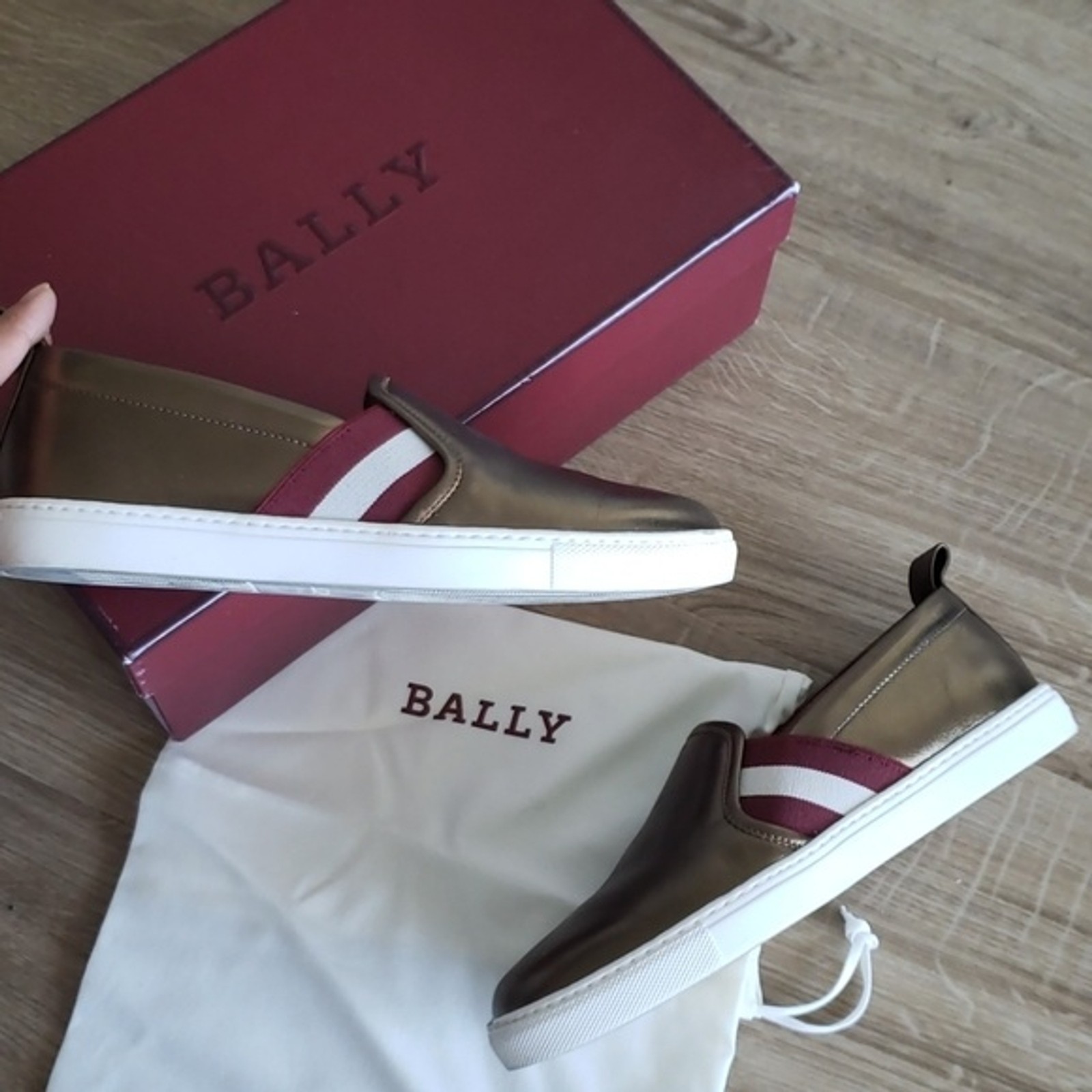 Bally Signature Red White Stripe Bronze Chic Feminine Lux SlipOn Sneaker Size 36
