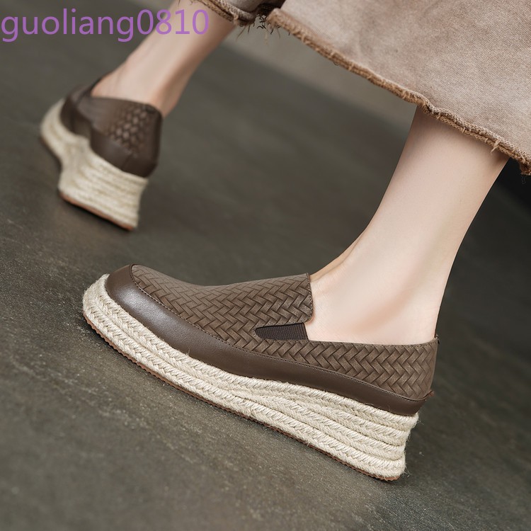 Weave Women’s Leather Casual Shoes Round Toe Platform Wedge Heel Loafer Platform