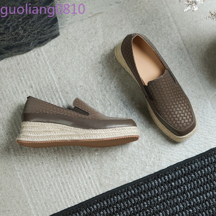 Weave Women’s Leather Casual Shoes Round Toe Platform Wedge Heel Loafer Platform