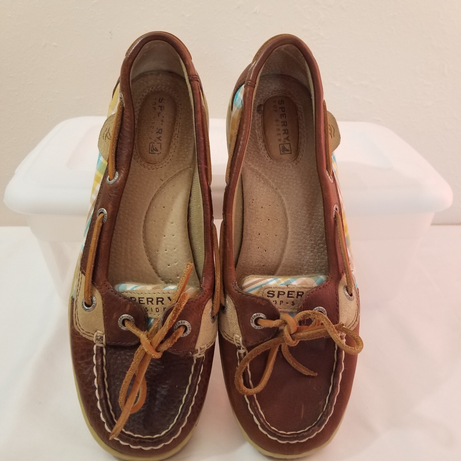 SPERRY Women Top Sider Boat Shoes One Eyelet Plaid Cloth Brown Leather Sz7M