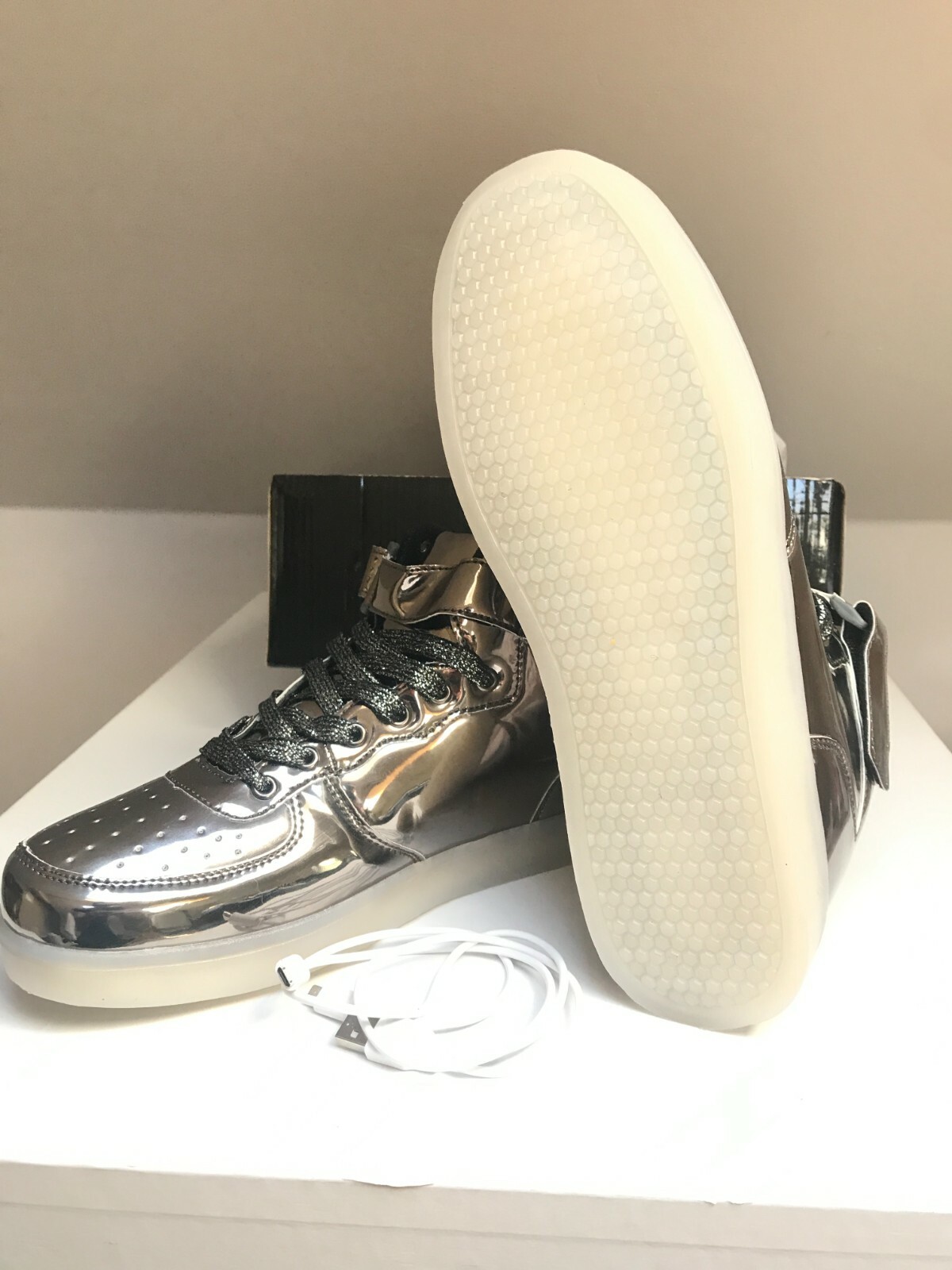 Mid Top Lace Up metallic Silver Black Casual Sneaker w USB chargeable Led lights