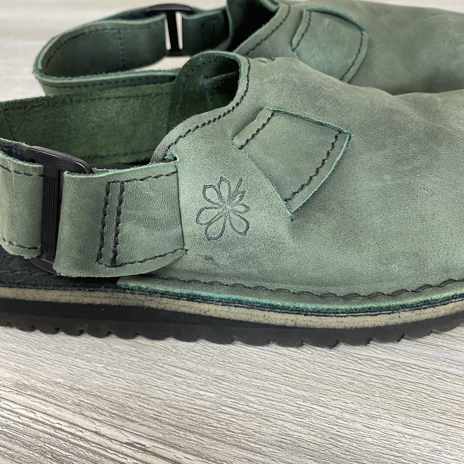 Conker Elastic Mule Women US 7 Moss Green Leather Slide Shoe Handmade Vibram