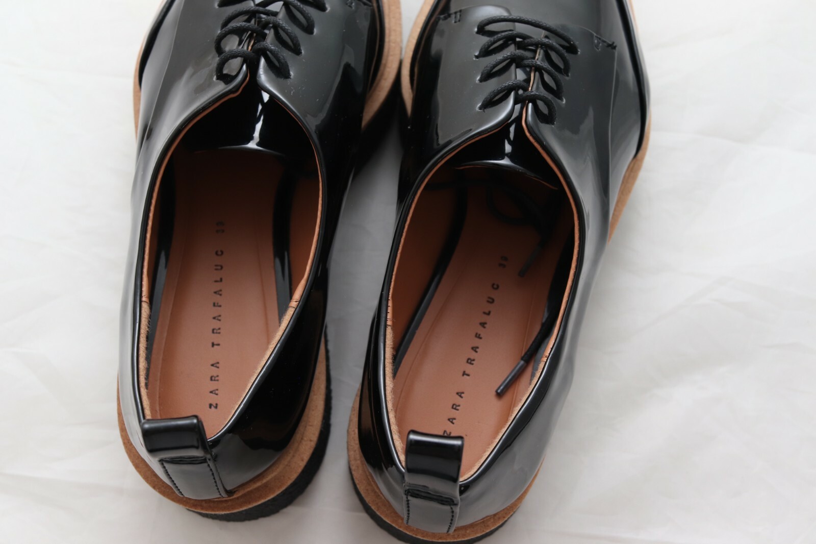 Zara Trafaluc Creeper Platform Oxford Shoe Women US 8 EU 39 Black Patent Lace Up