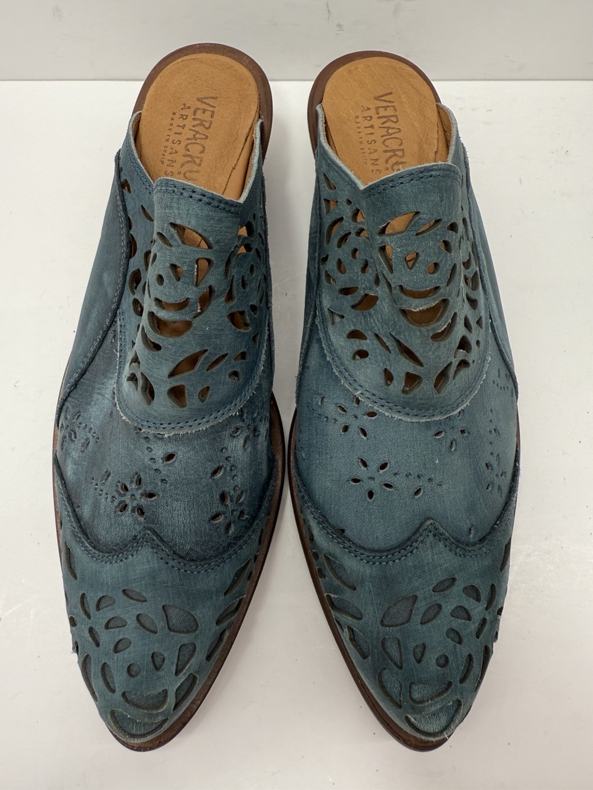 Sundance Catalog Veracruz Floral Krevo Mules Laser Cut Navy Blue Teal Size 37 7