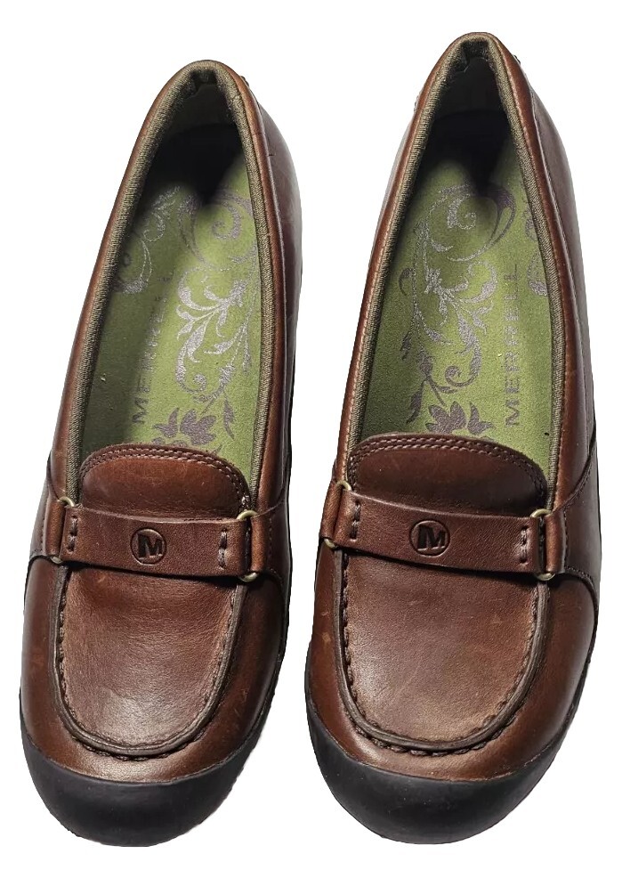 MERRELL PERFORM. ‘PLAZA GLIDE SADDLE’-Brown Leather, Womens Loafer Shoes-(8)