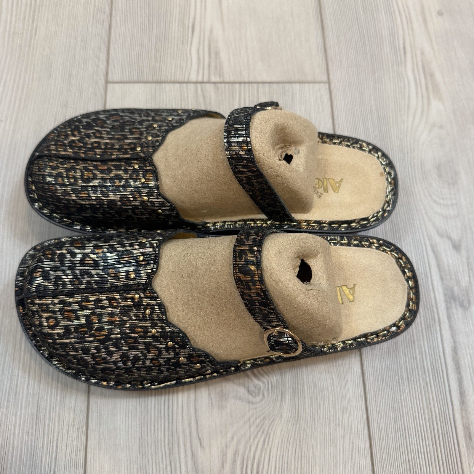 Alegria Tuscany Leopard Stripe Metallic Leather Clogs Mules TUS-403 38 8 8.5
