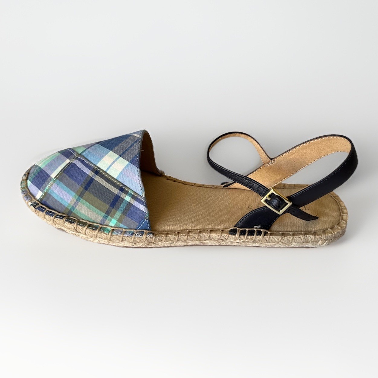 Talbots Size 7.5 Izzy Espadrilles Raffia Blue Madras Plaid Shoes Sandals Exce