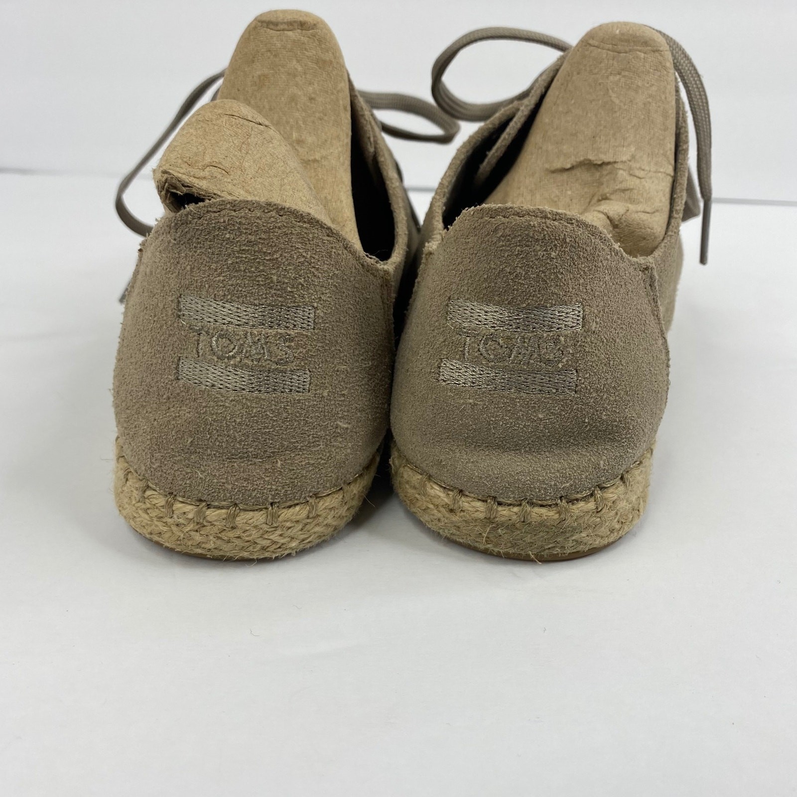 TOMS Lena Desert Taupe/Beige Suede Leather Espadrille Lace Up Womens 8.5 Shoes