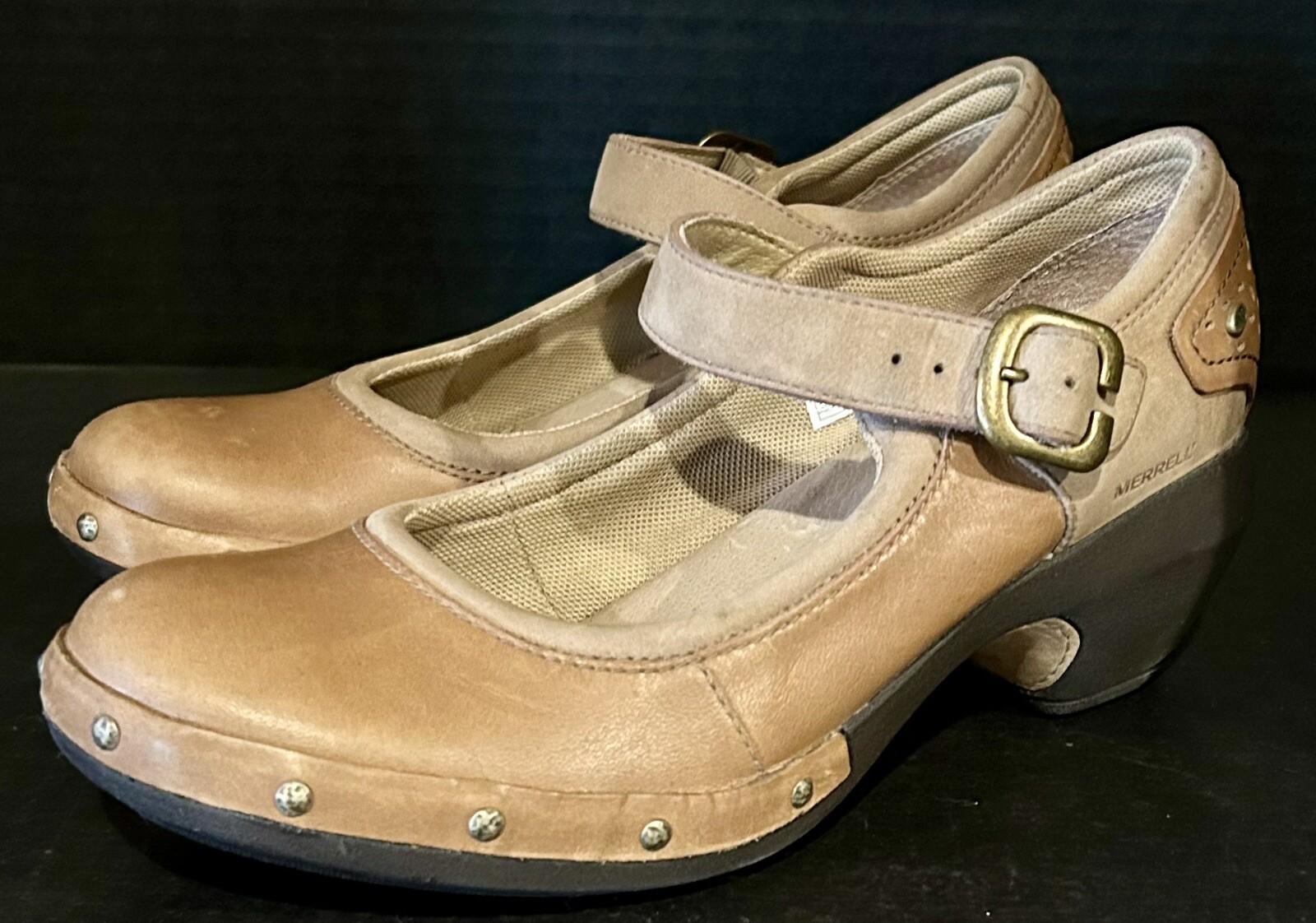 Merrell Luxe Leather Coffee Brown Studded Mary Jane Pumps 1132212 Women’s Size 8