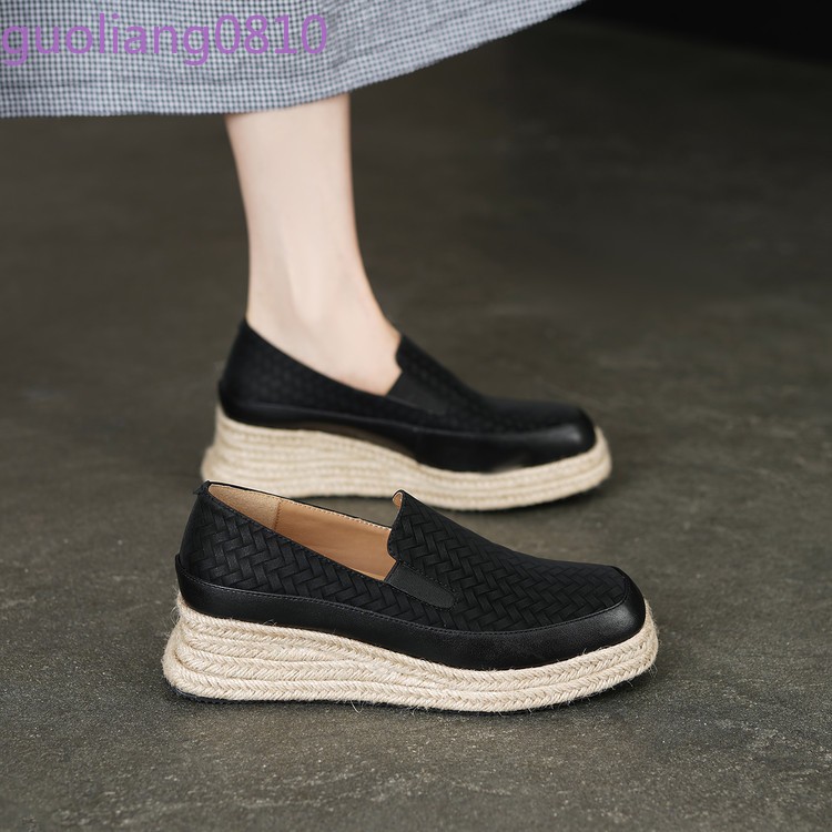 Weave Women’s Leather Casual Shoes Round Toe Platform Wedge Heel Loafer Platform