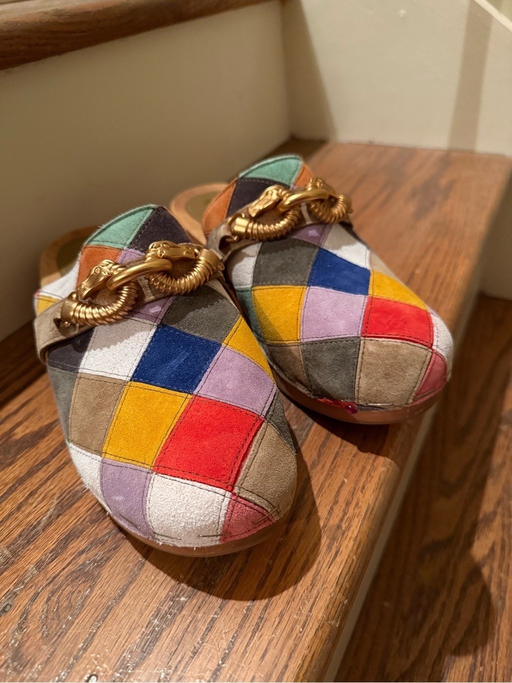 Tory Burch Jessa Clogs Patchwork Suede Mule Color Block Heel Size 8.5 EUC