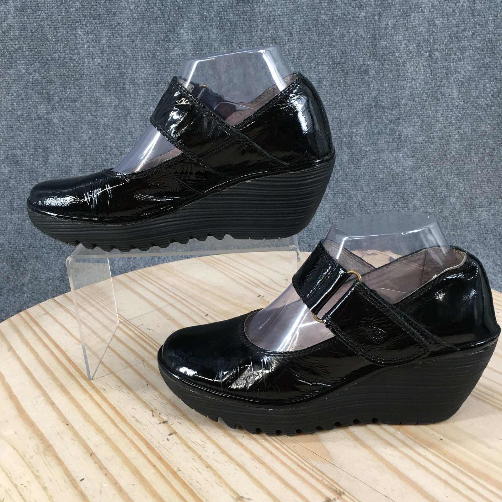 Fly London Yaya Mary Jane Wedge Shoes Womens 38 Black Patent Leather Casual