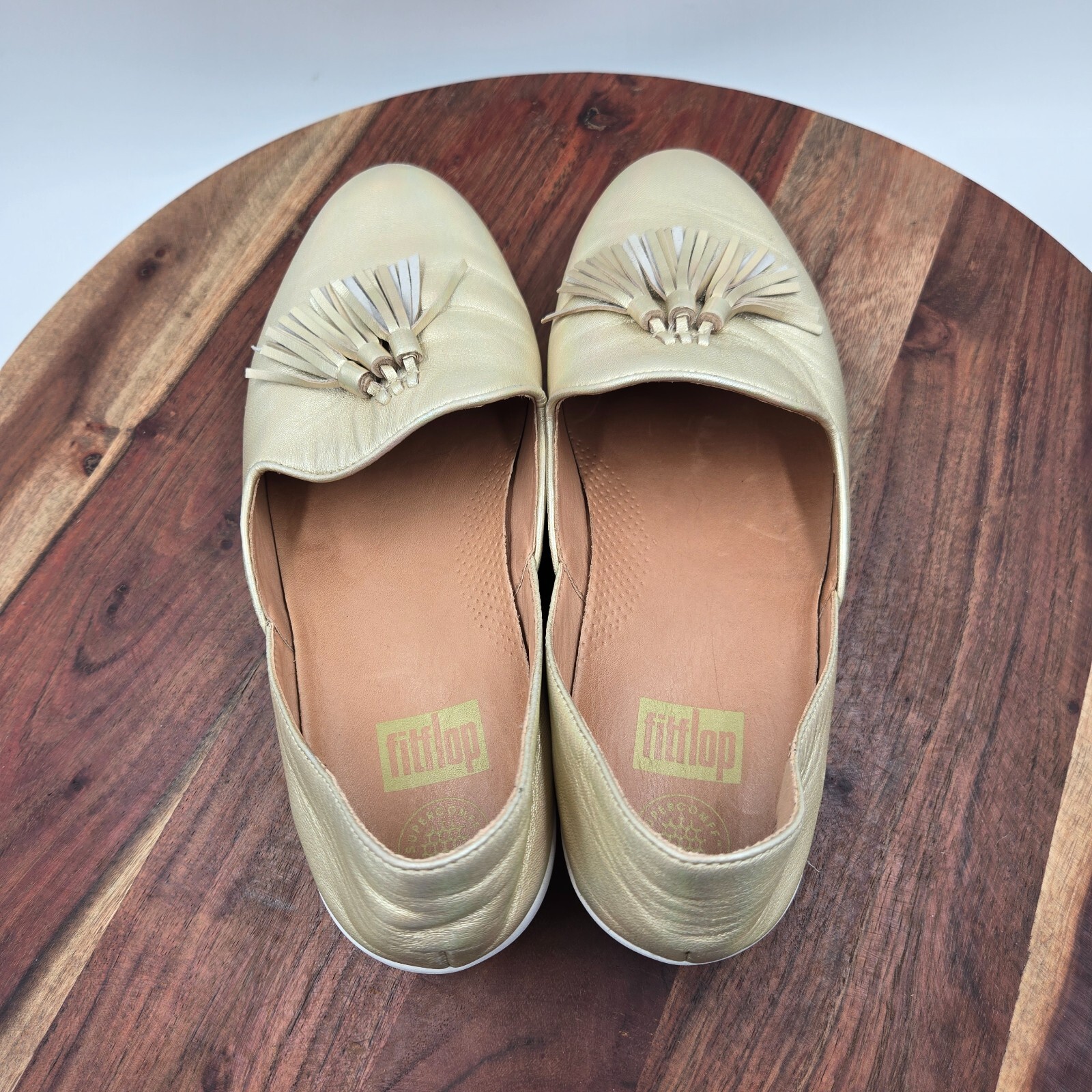 FitFlop Superskate Shoes Women’s 9 Gold White Leather D’orsay Loafers Tasseled