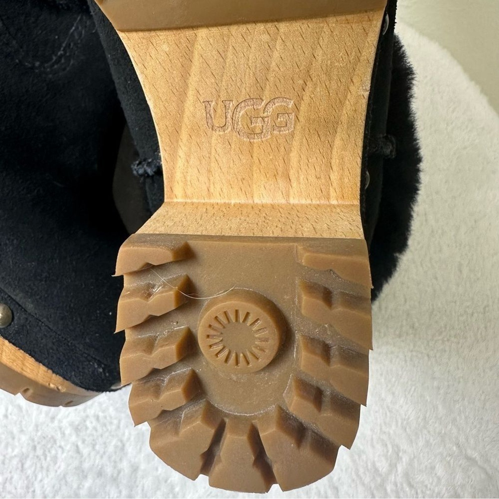 UGG Thebes Black Suede Clog Wooden Bootie Mules with Faux Fur Trim Size 5