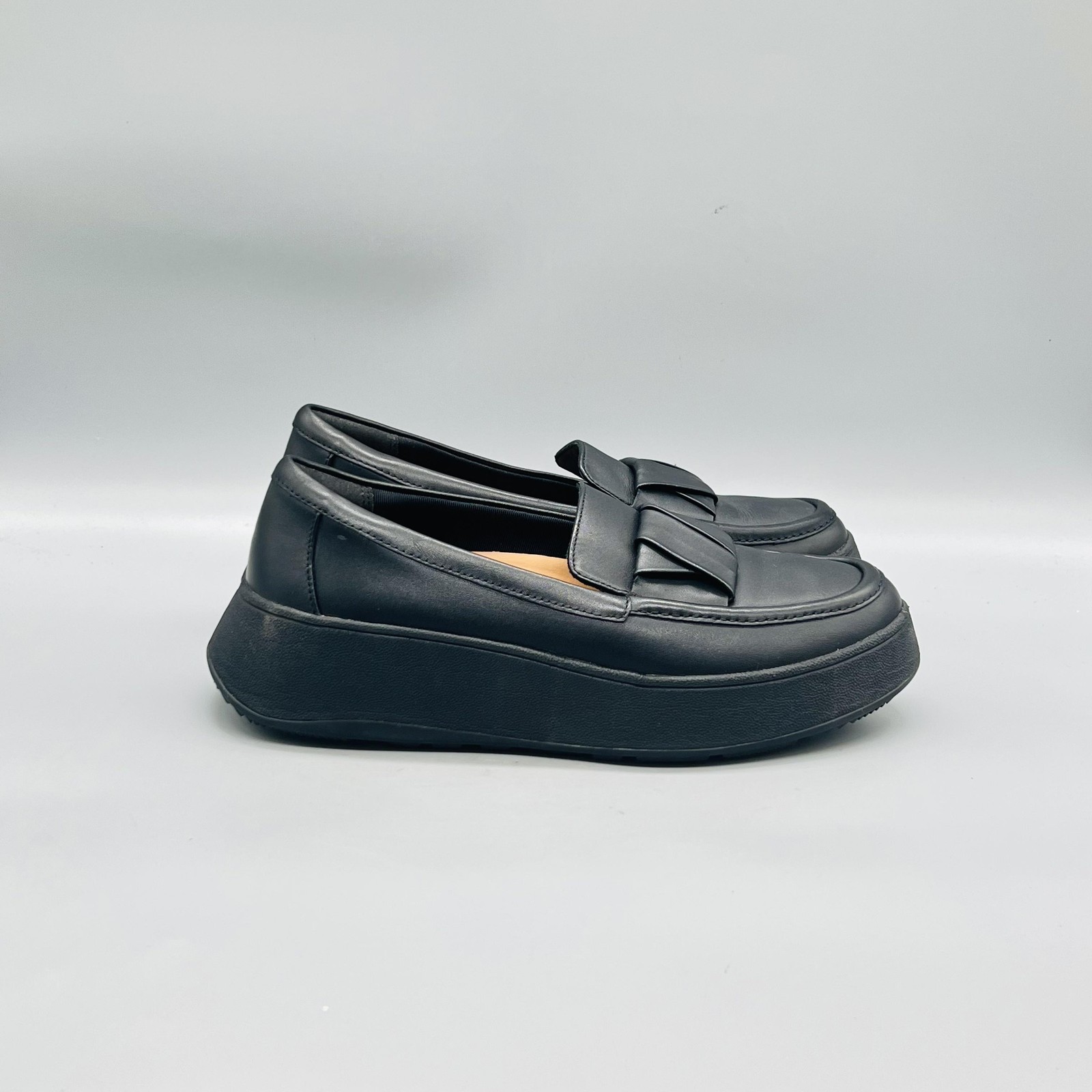 FitFlop Shoes Womens 7.5 Black Leather F-Mode Platform Loafers Slip On Comfort