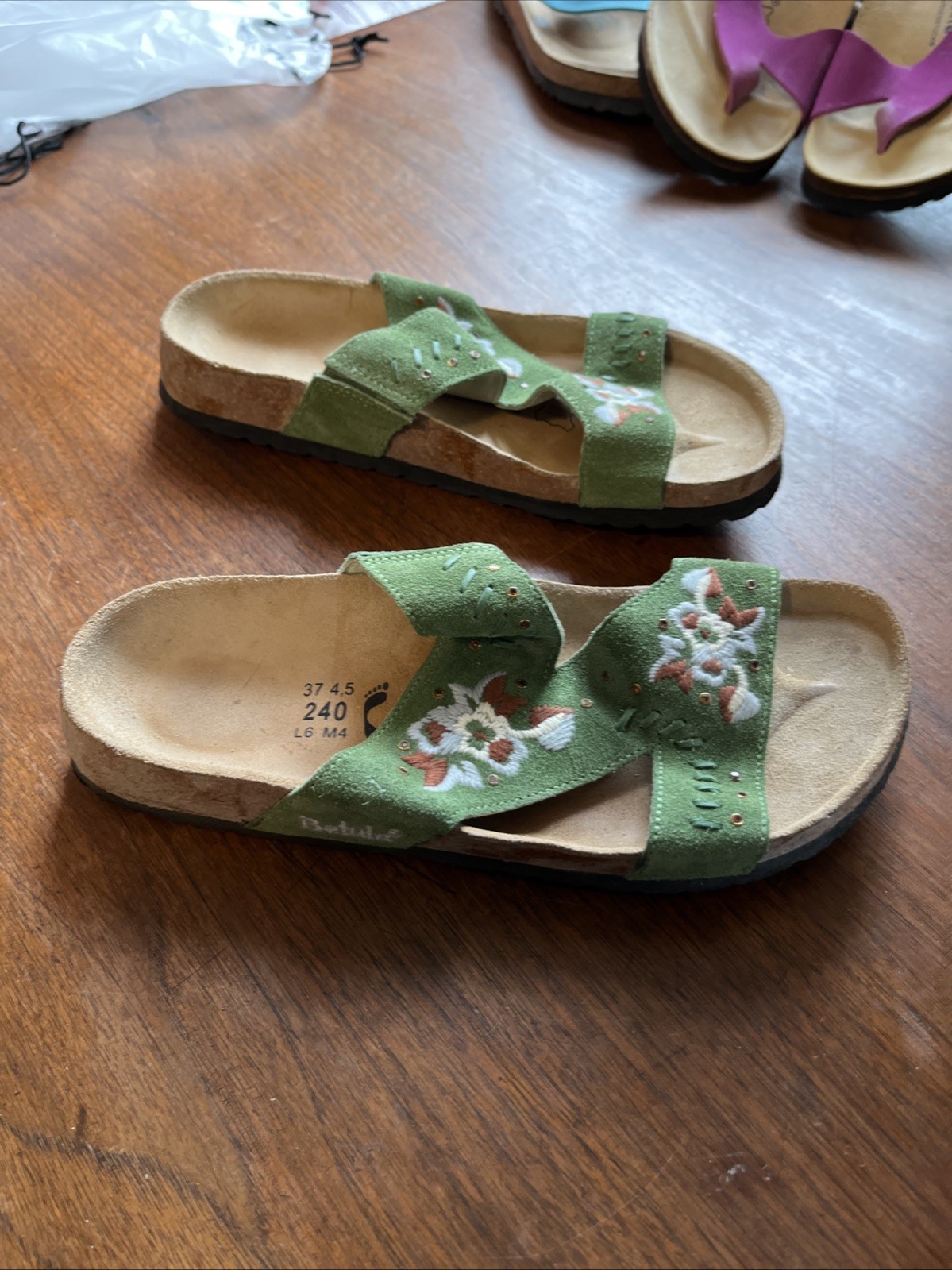 Birkenstock Betula Zara Embroidered Sandals Green Crystal Suede Women Size 7(37)