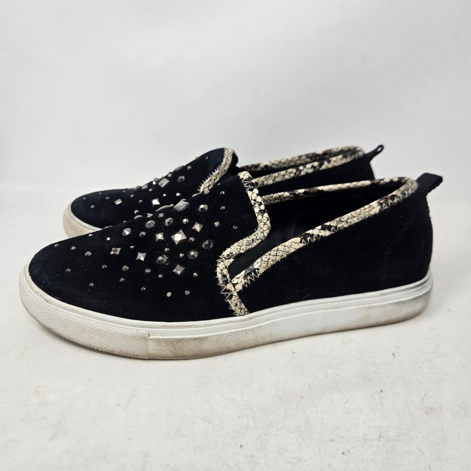 Donald Pliner Sanya-KS Black Suede Studded Snakeskin Trim Slip On Sneakers 7M