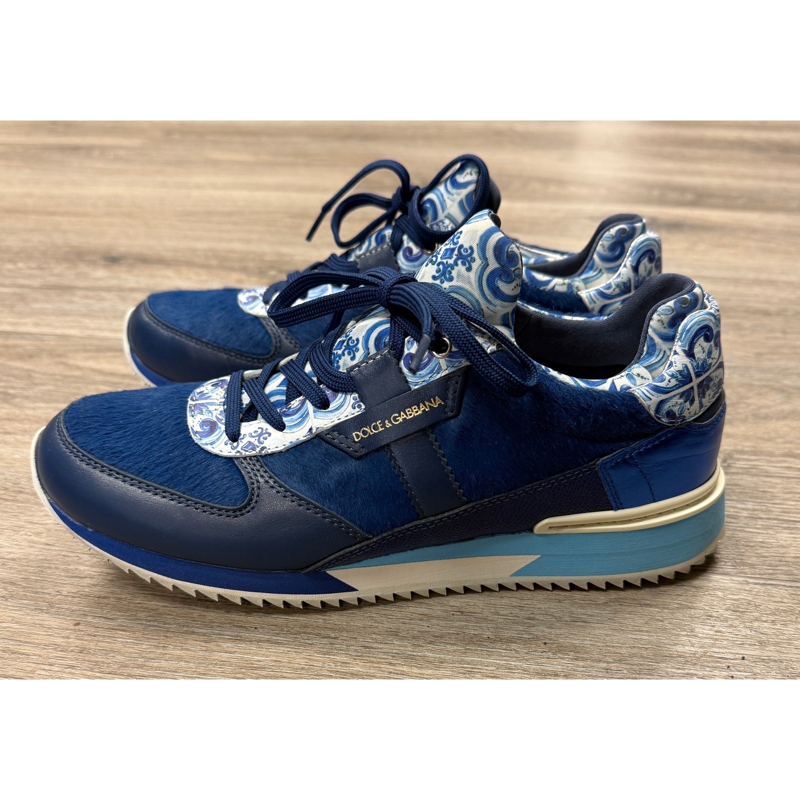 Dolce & Gabbana Leather Pony Hair Sneakers Majolica Design Lace Up Shoes Sz. 38