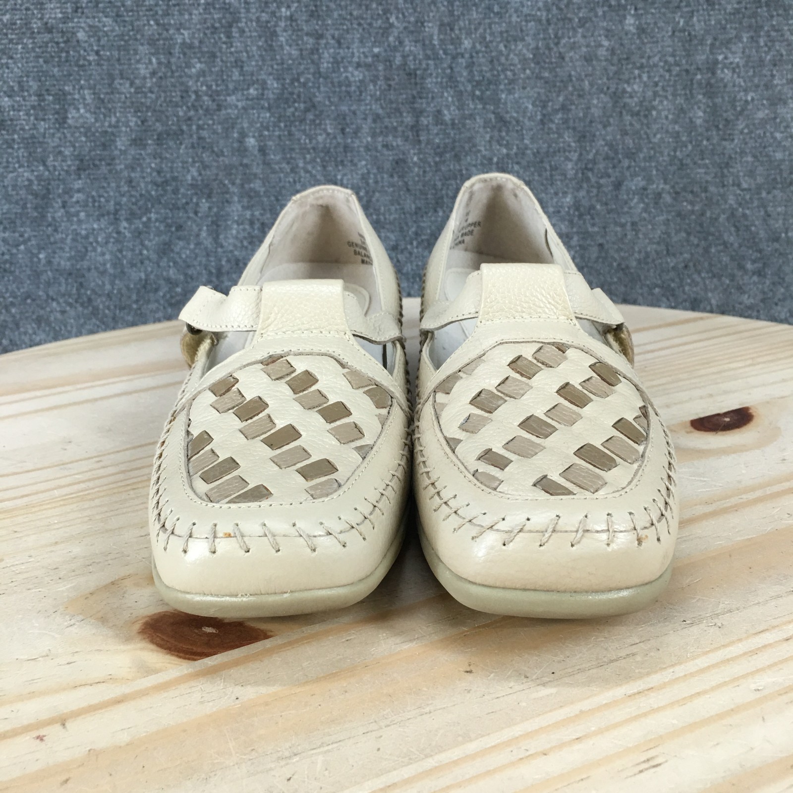 Mushrooms Shoes Womens 7 M Beige Mary Jane Leather Woven Casual Hook & Loop Low
