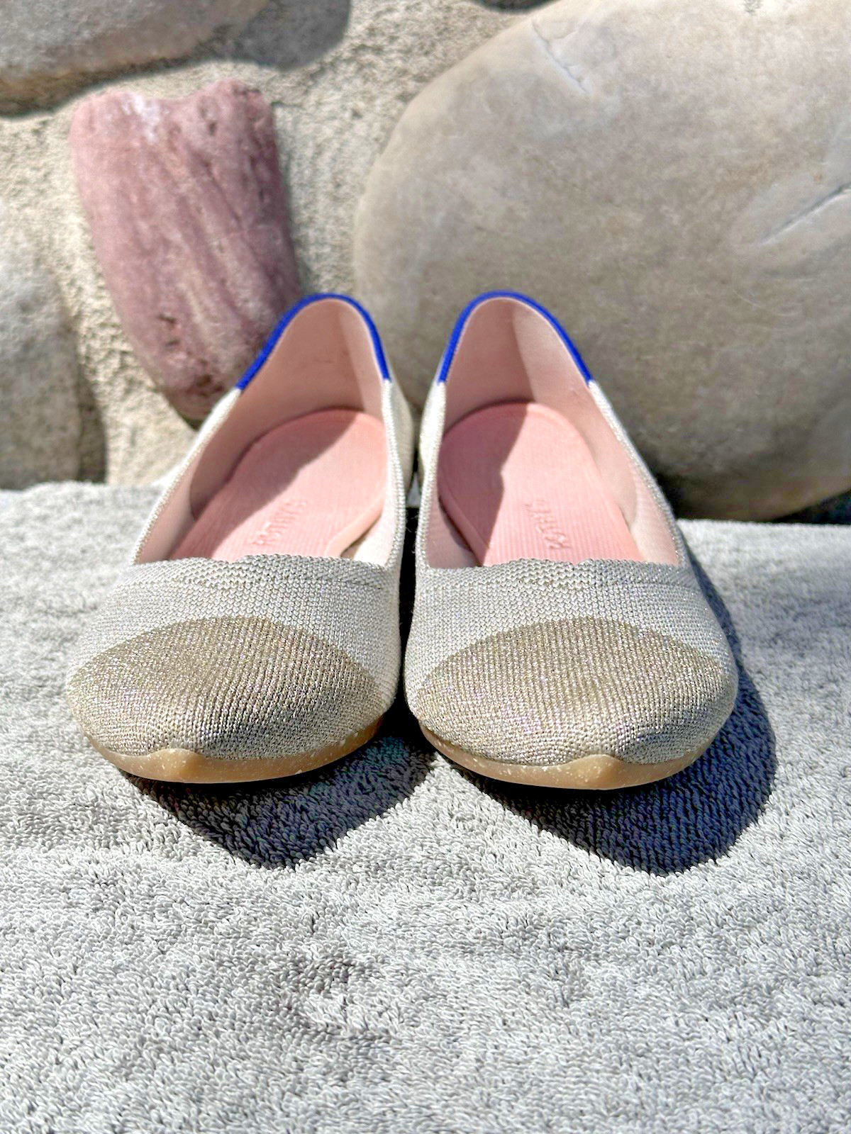Rothy’s The Point Sz 10 Diamond Metallic Beige Silver Gold Pointed Ballet Flats