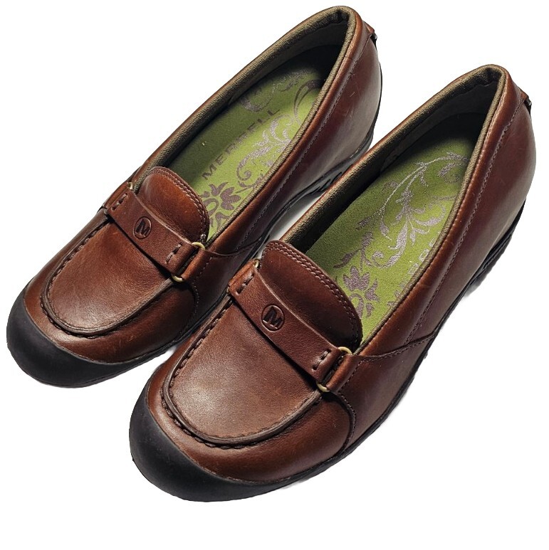 MERRELL PERFORM. ‘PLAZA GLIDE SADDLE’-Brown Leather, Womens Loafer Shoes-(8)