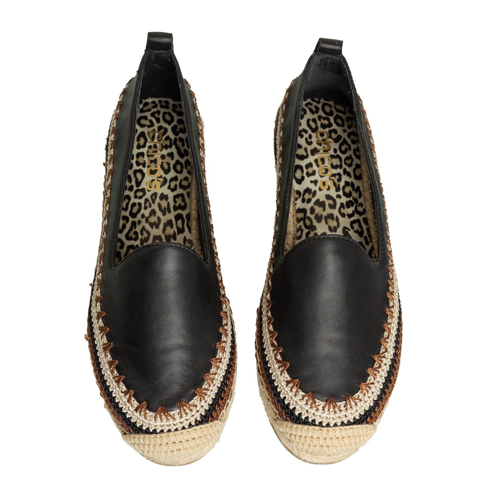Women’s Black Leather Chico’s Crochet Slip-on Espadrille Flats NWOB – Size 7M