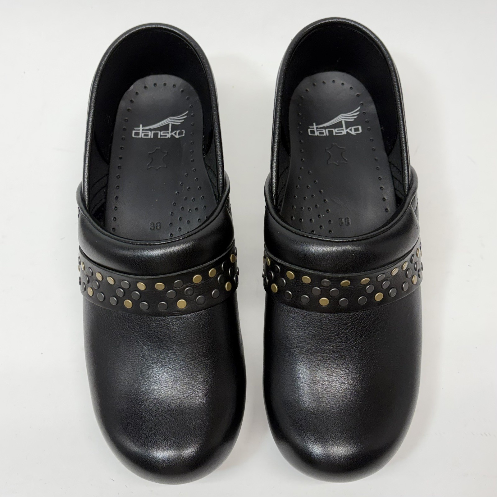 Dansko Pavan Clogs Black Leather Studded Strap Comfort Shoes Walking Size 38