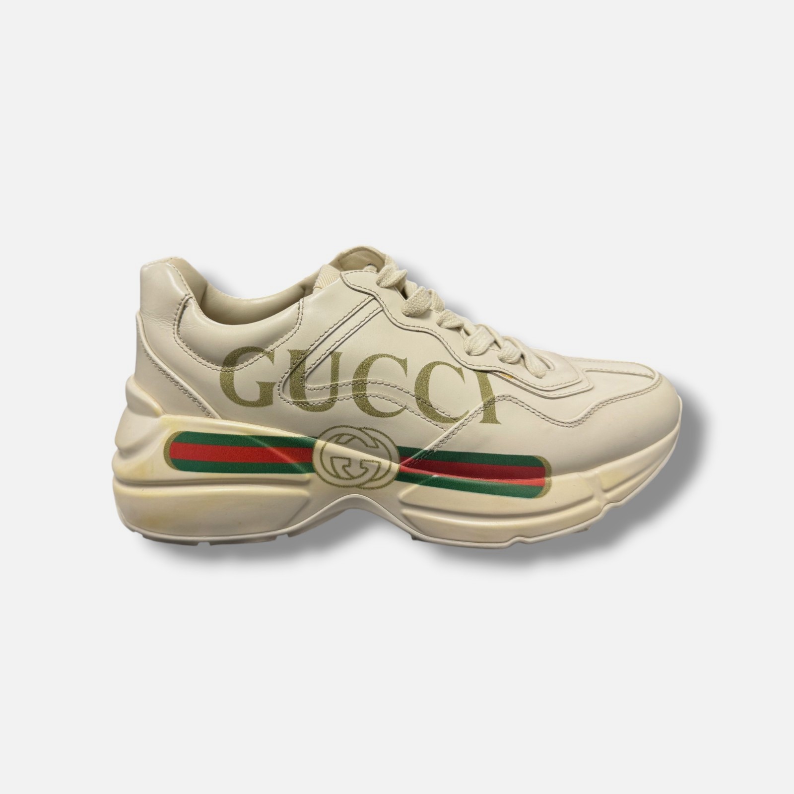 Gucci Women’s Ivory Rhyton Logo Lace-Up Leather Sneaker Shoes Size EU:37 US:7