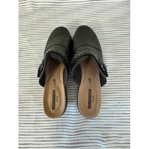 Clarks Collection Womens Black Leather Studded Shoes Mules Clogs Cushion Soft 8
