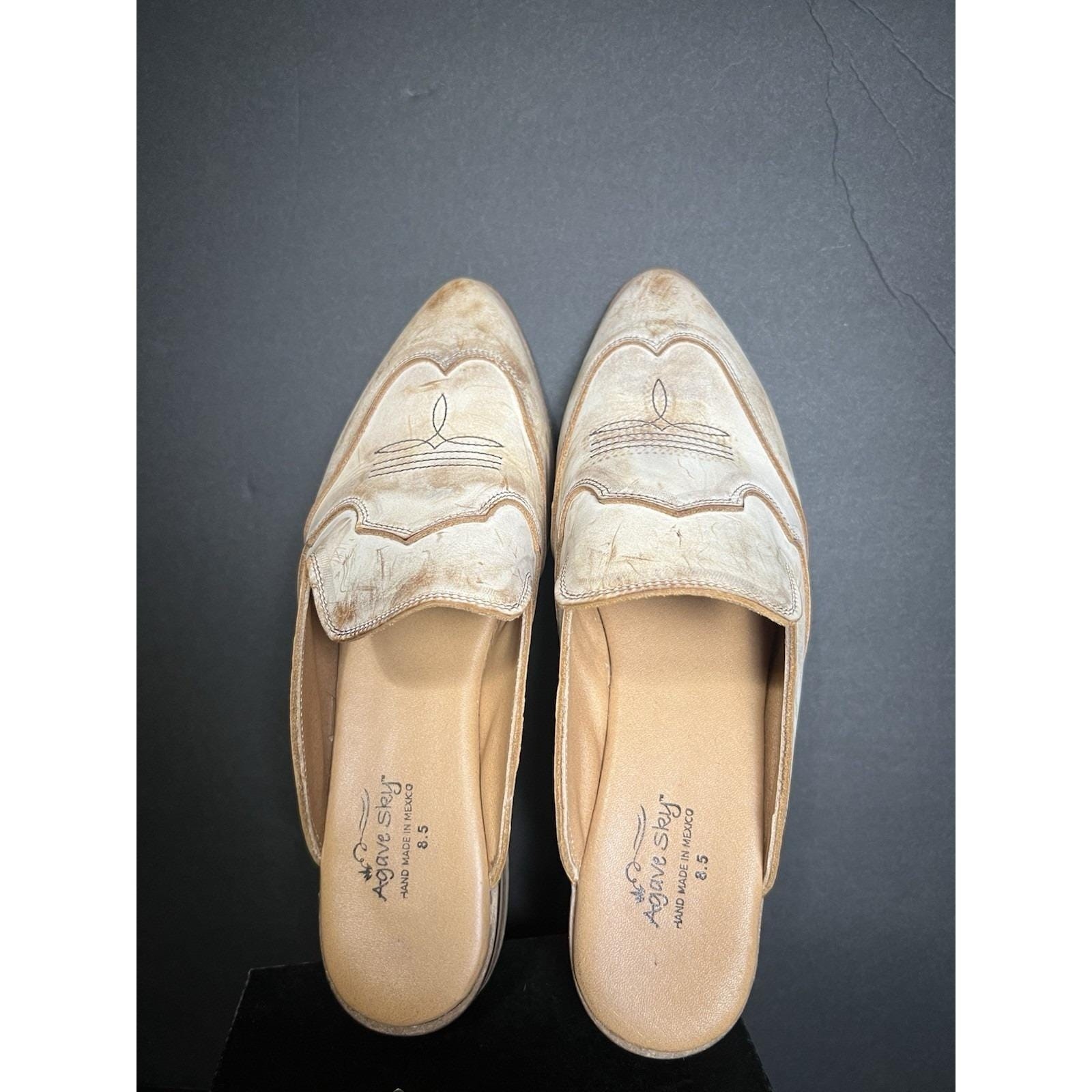 Agave Sky Western TypeLeather Mule Clogs Women’s 8.5 Cream&brown Made Mexico