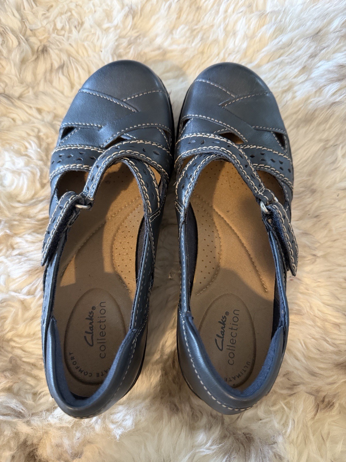 Clarks Womens Ashland Spin navy Shoes mary jane slip ons cushion 6 leather