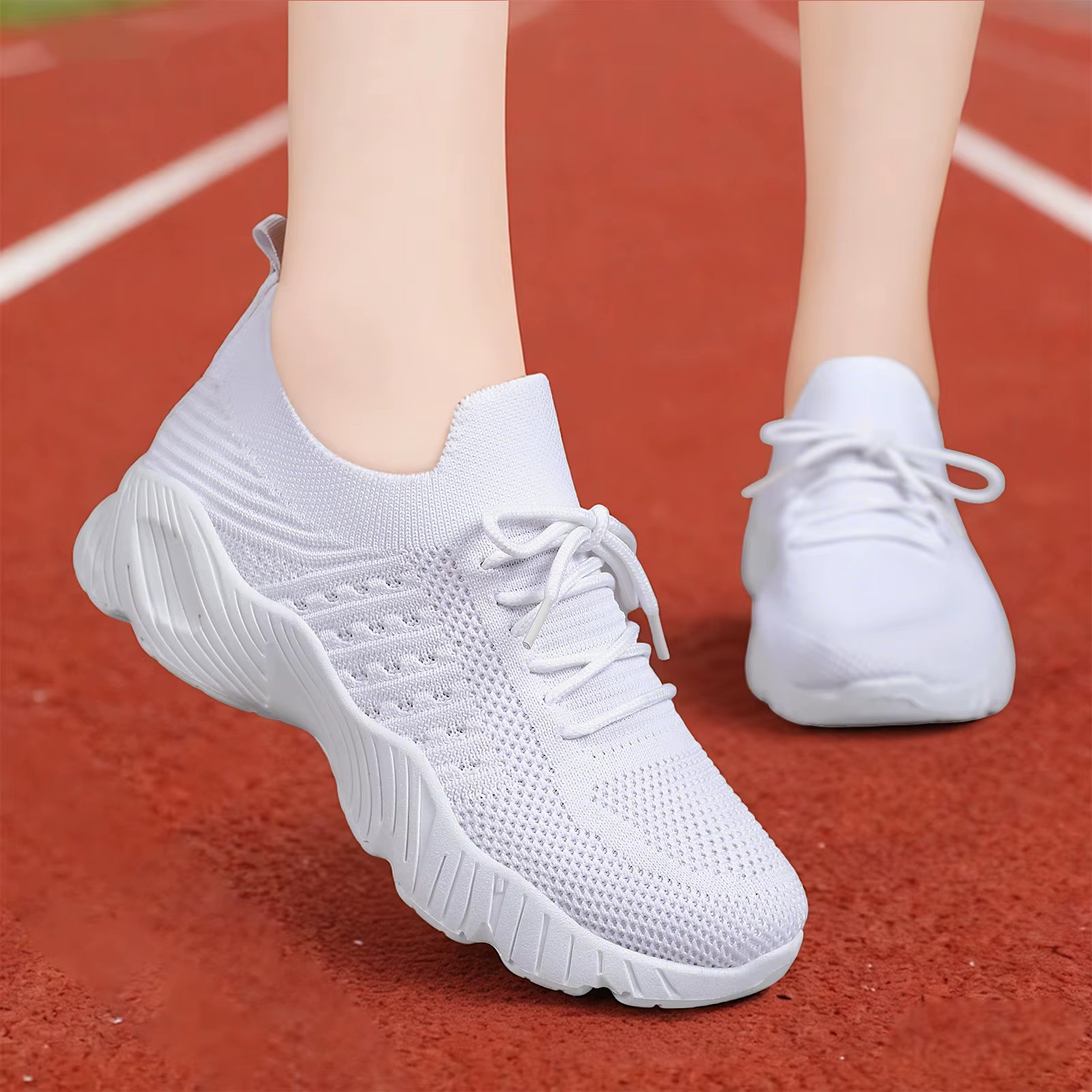Women’s Breathable Knit Sneakers Slip On Comfort Walking Shoes Thick Sole