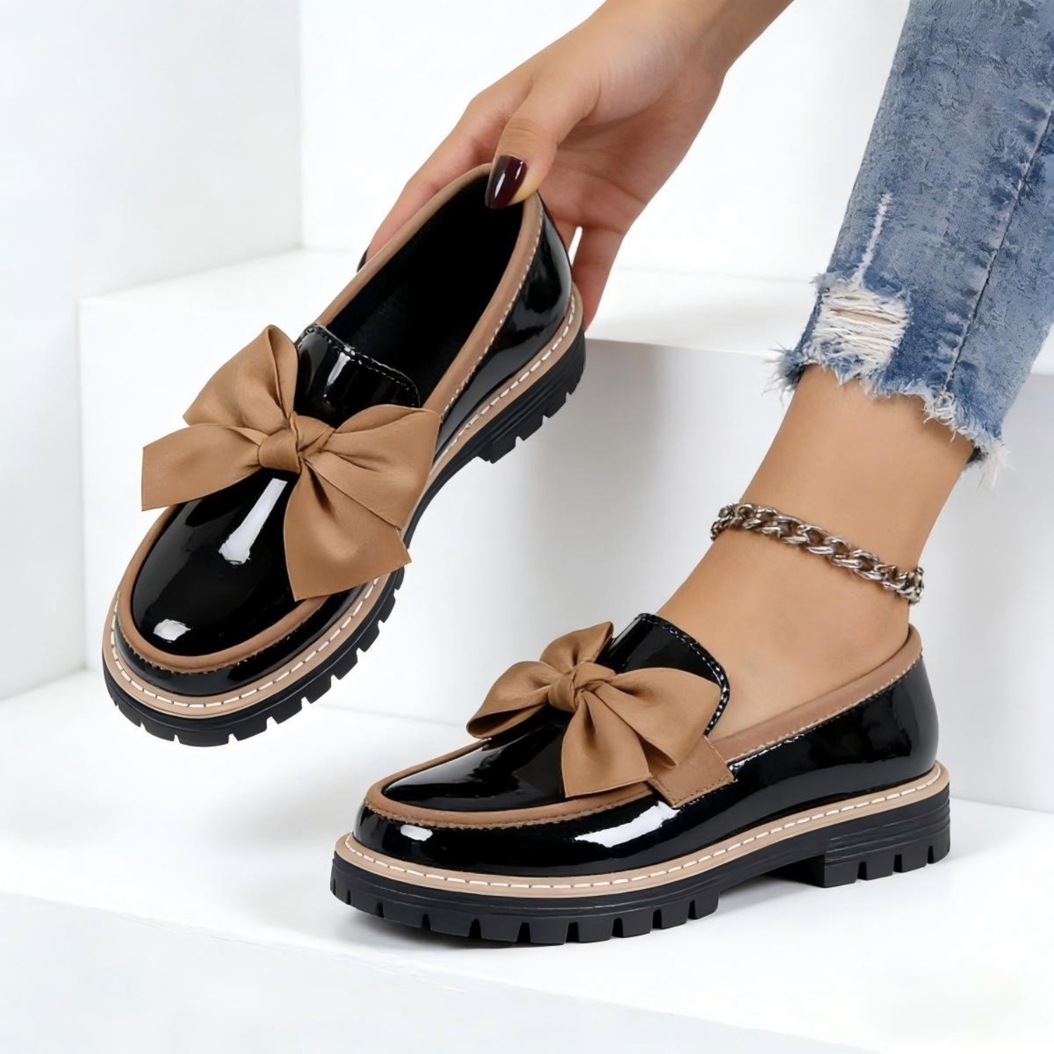 Women Patent Leather Loafers, Round Toe Bow Chunky Heel Platform Shoes