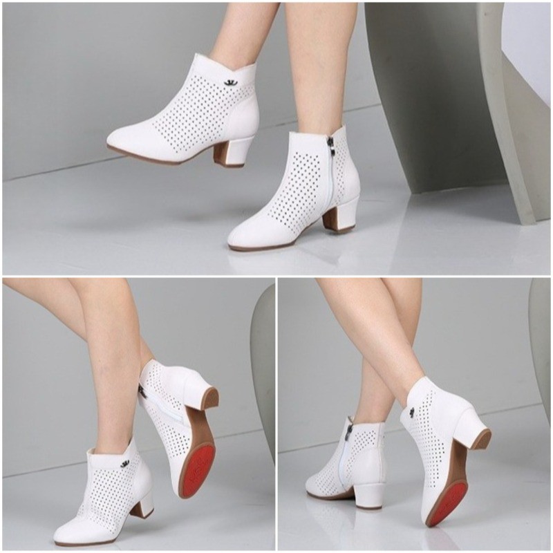 Faux Leather Summer Hollow Out Latin Dance Shoes Lady Mid-Heel Soft-Soled Shoes