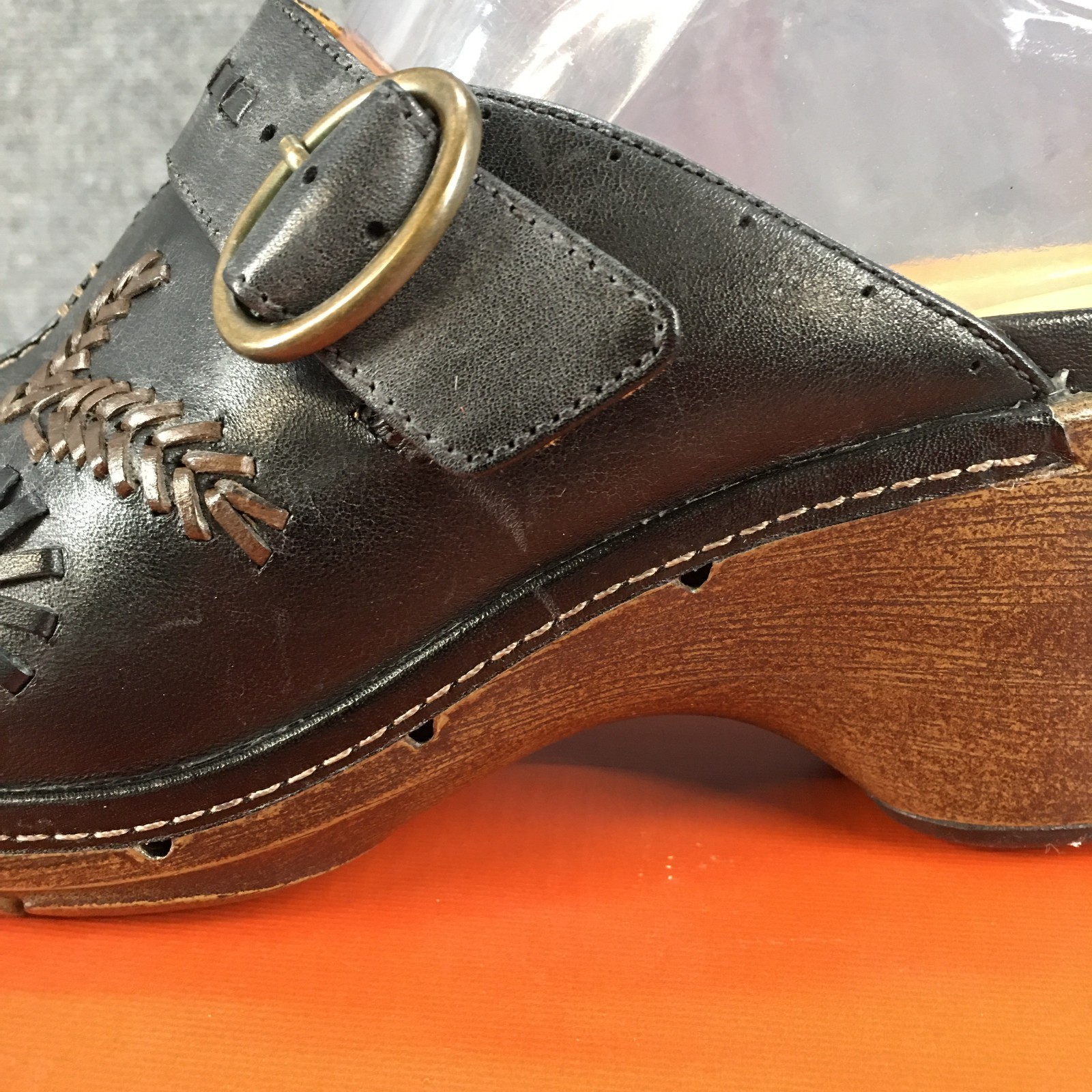 Clarks Unstructured Shoes Womens 7 M Slip On Wedge Mule Clogs Black Leather NEW