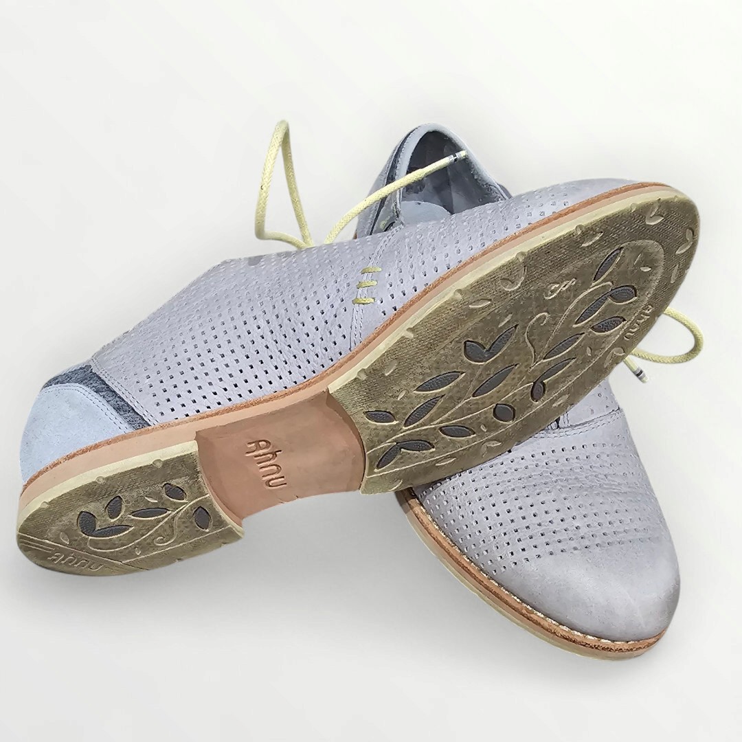 Ahnu Women Blue Gray Leather Suede Perforated Lace Up Oxfords 7M