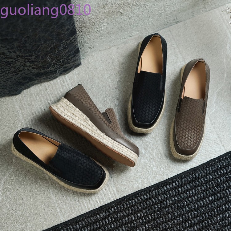 Weave Women’s Leather Casual Shoes Round Toe Platform Wedge Heel Loafer Platform