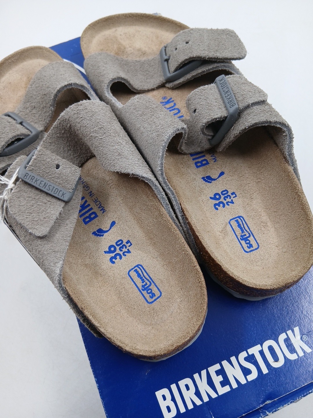 Size 36 BIRKENSTOCK Arizona Soft Footbed Suede Leather Clogs Stone Coin (K2-A5)