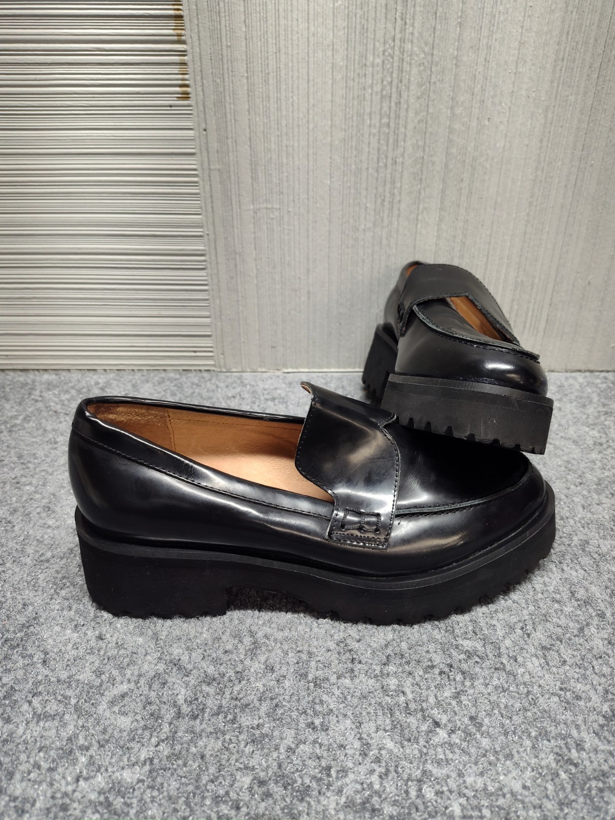 ALL BLACK Women Loafer 37 US 6 Black Patent Leather Slip On Chunky Platform Shoe