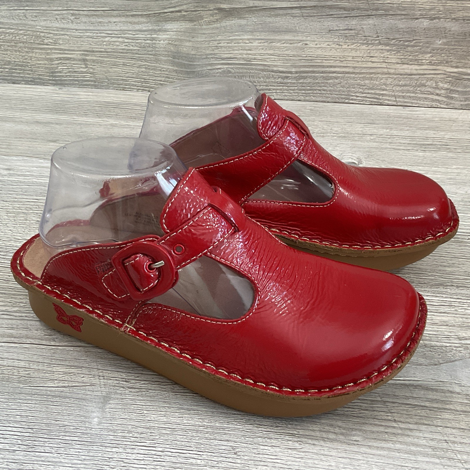 Alegria ALG-104 Womens 37 EU 7-7.5 US Red Patent Leather Buckle Mules Clogs