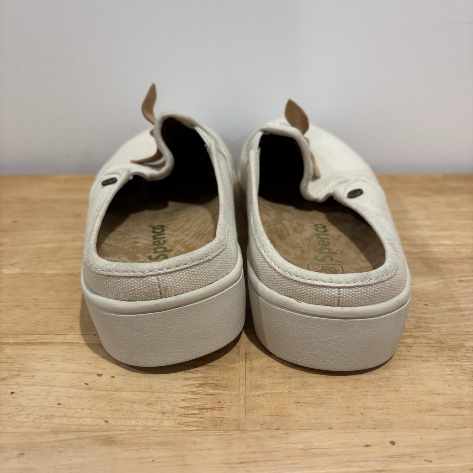 Spenco Audrey Canvas Slide Mules Slip On Women’s Size 8.5 D Beige Bows