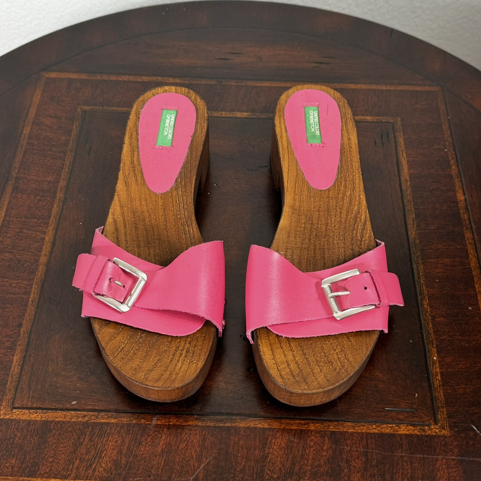 Y2K Leather Chunky Slip On Wood Clogs Slides Size 39 / 40 US 8.5/9