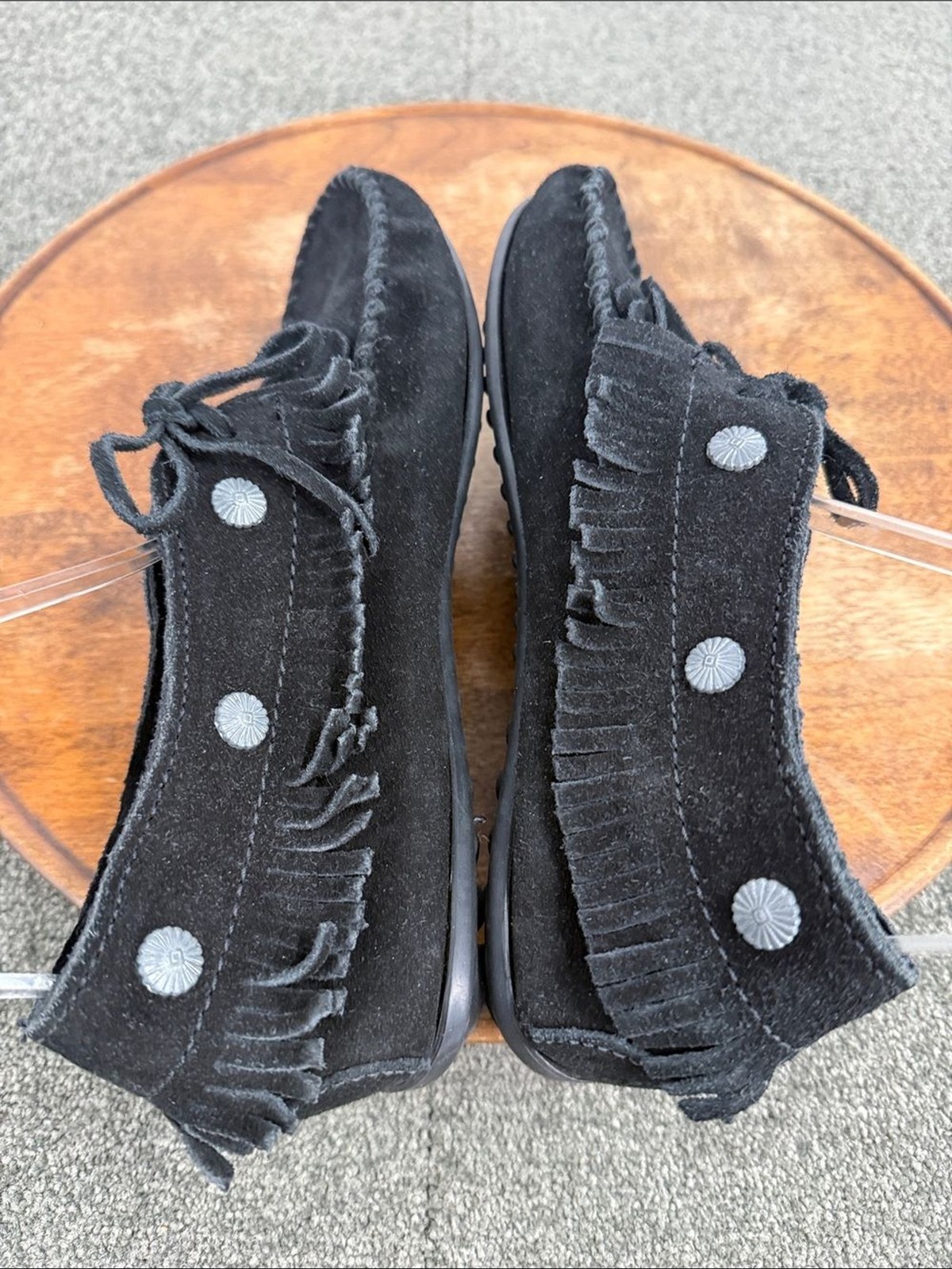 Minnetonka Shoes Wm 9 Black Leather Moccasin Fringe Studded Bootie Boho Hippie