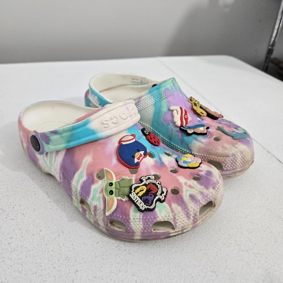 Crocs Adult Classic Pastel Tie Dye Clogs Sz M:4 W:6 Casual With Pins Groot Grogu