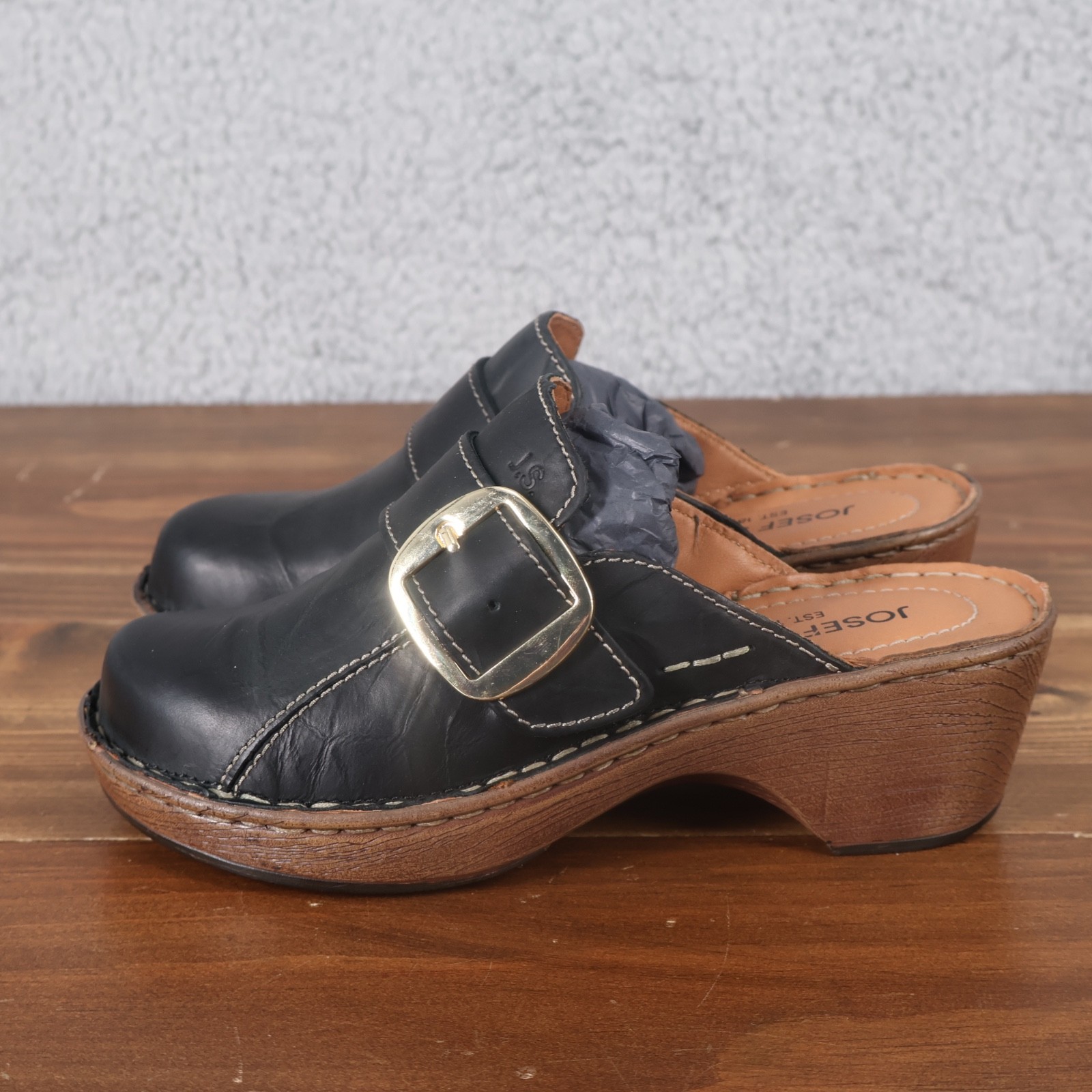 Josef Siebel Shoes Women US 5-5.5 EUR 36 Black Lily Buckle Slip On Clogs Leather